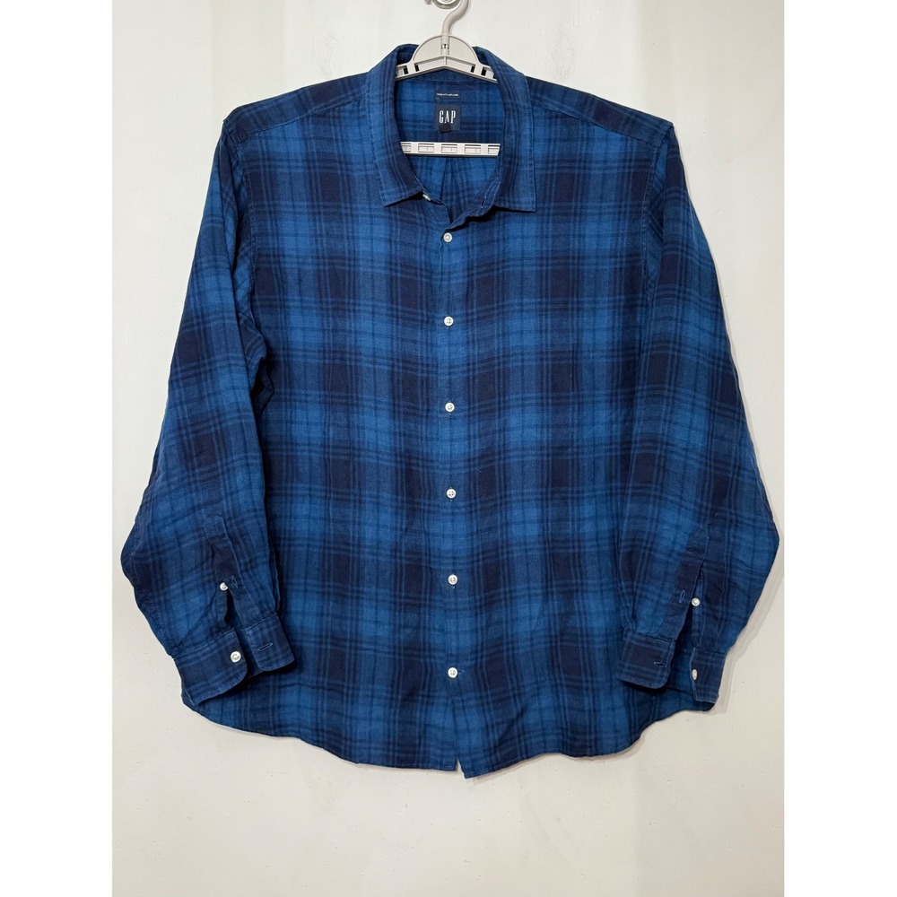 Gap Mens 3XL Blue Plaid 100% Linen Long Sleeve Button Down Shirt Big Tall